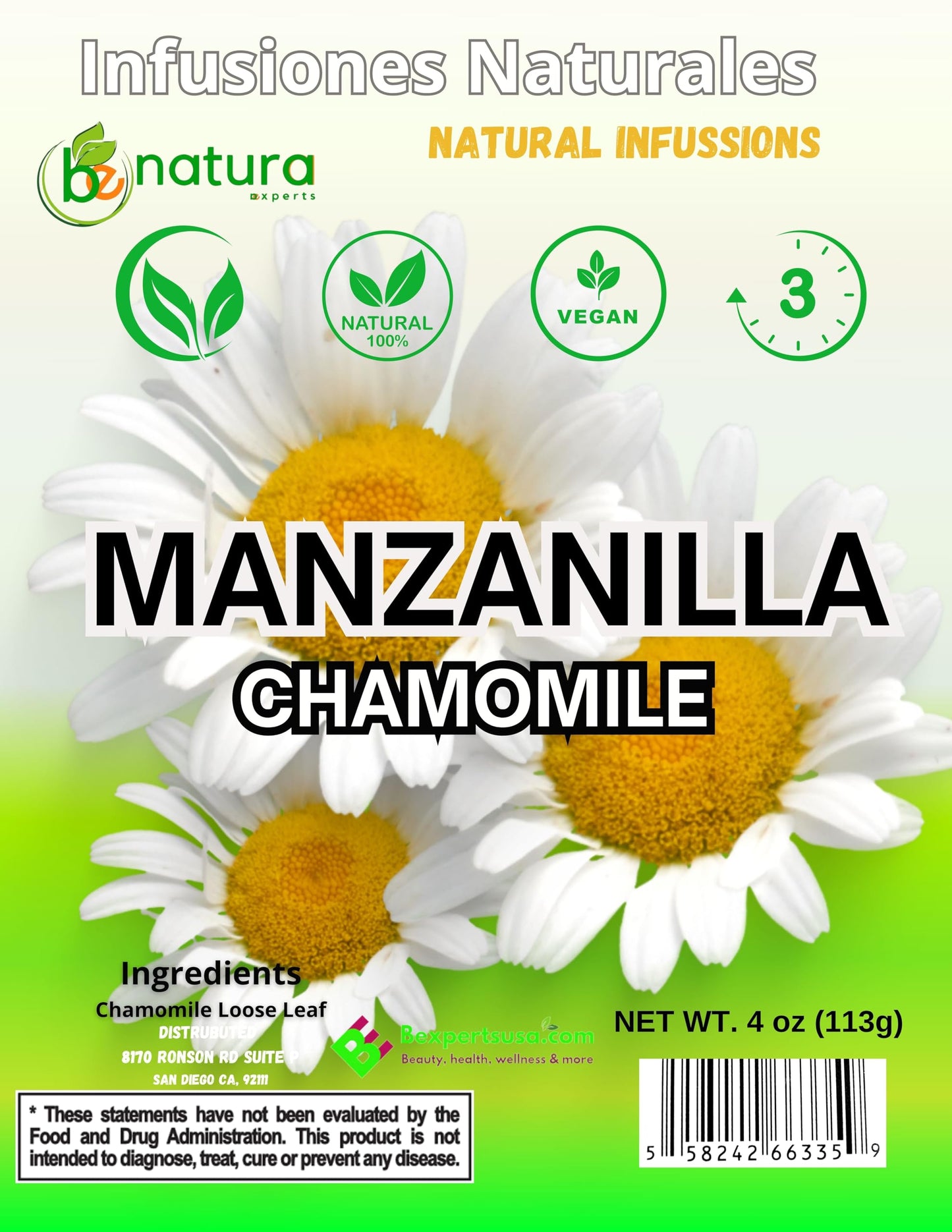 Manzanilla TE (Chamomile Flowers) 4 oz. 113g Tea Loose Leaf  Herb  Vegan  100% Natural+ Tea Strainer Stainless  Infuser Tea Ball for Loose Leaf
