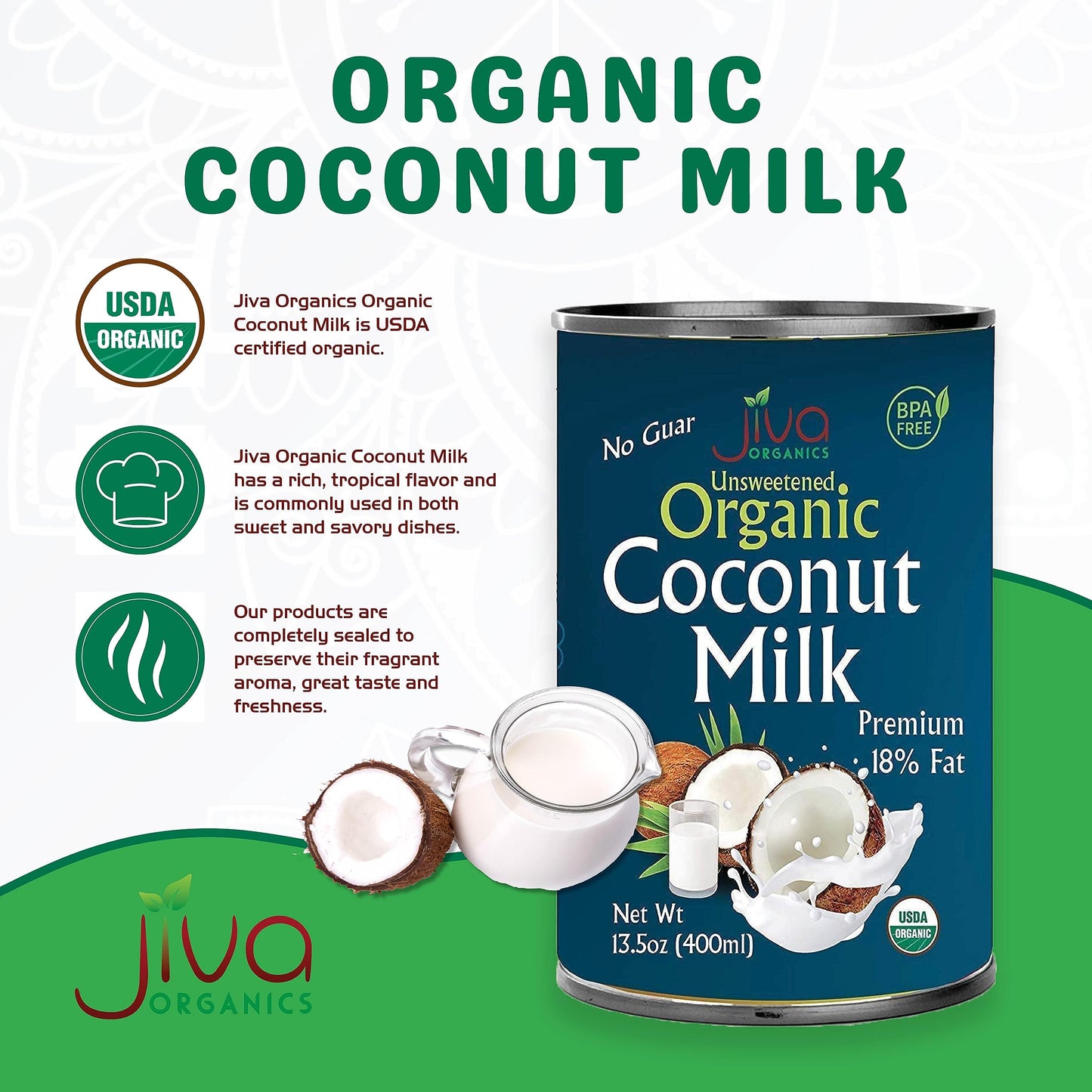 Jiva Organics Organic Coconut Milk 13.5 Ounce (Pack Of 12) - Unsweetened, Premium Full 18% Fat, Vegan, Paleo, No Guar Gum, Bpa F