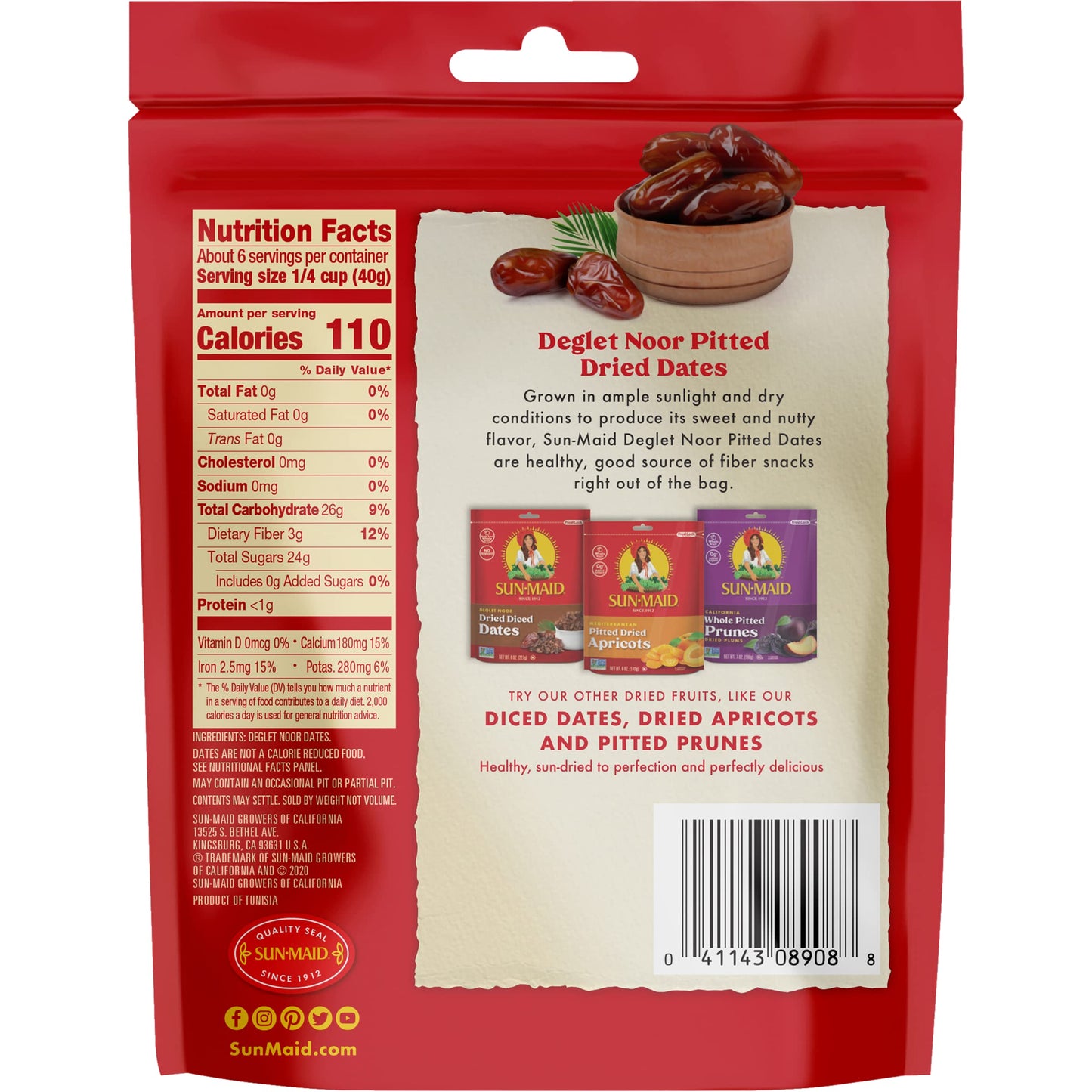 Sun-Maid California Pitted Dates | Deglet Noor | Resealable Bag | 8 Ounce | Whole Natural Dried Fruit | No Artificial Flavors |