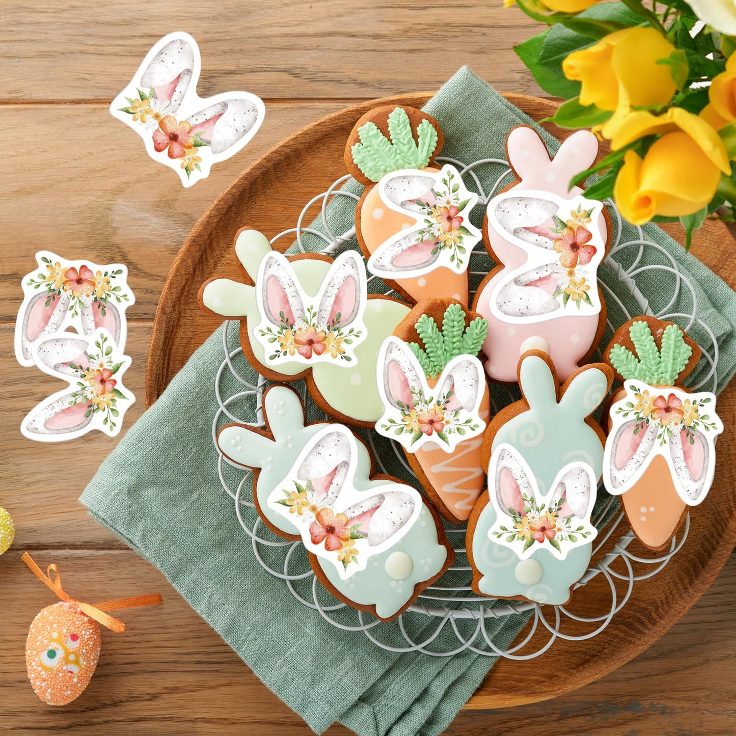 24Pcs Edible Floral Easter Bunny Ear Cupcake Toppers Edible Rabbit Ears Cupcake Picks Wafer Paper Easter Day Cake Toppers For Ea