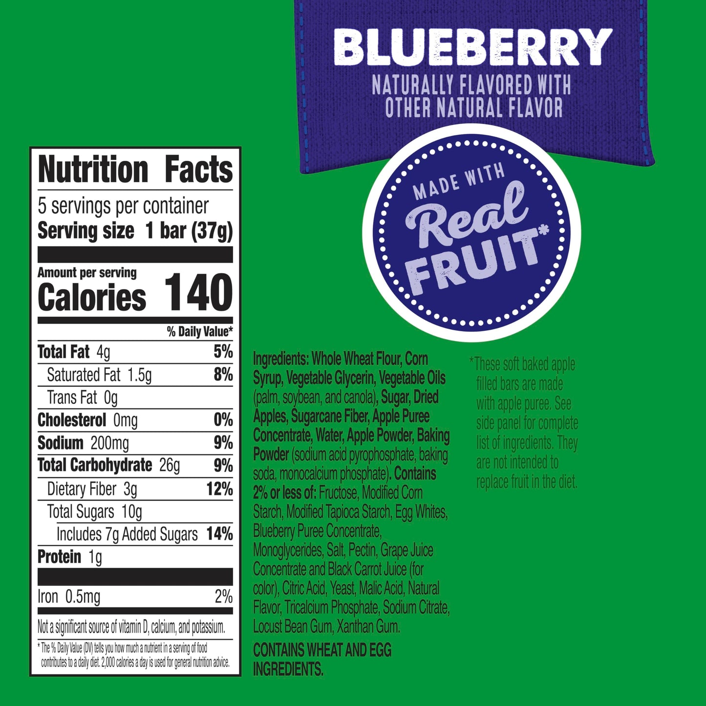 Motts Soft Baked Apple Filled Bars, Blueberry Flavor Snacks, Made with Real Fruit, 5 Ct, 6.55 oz