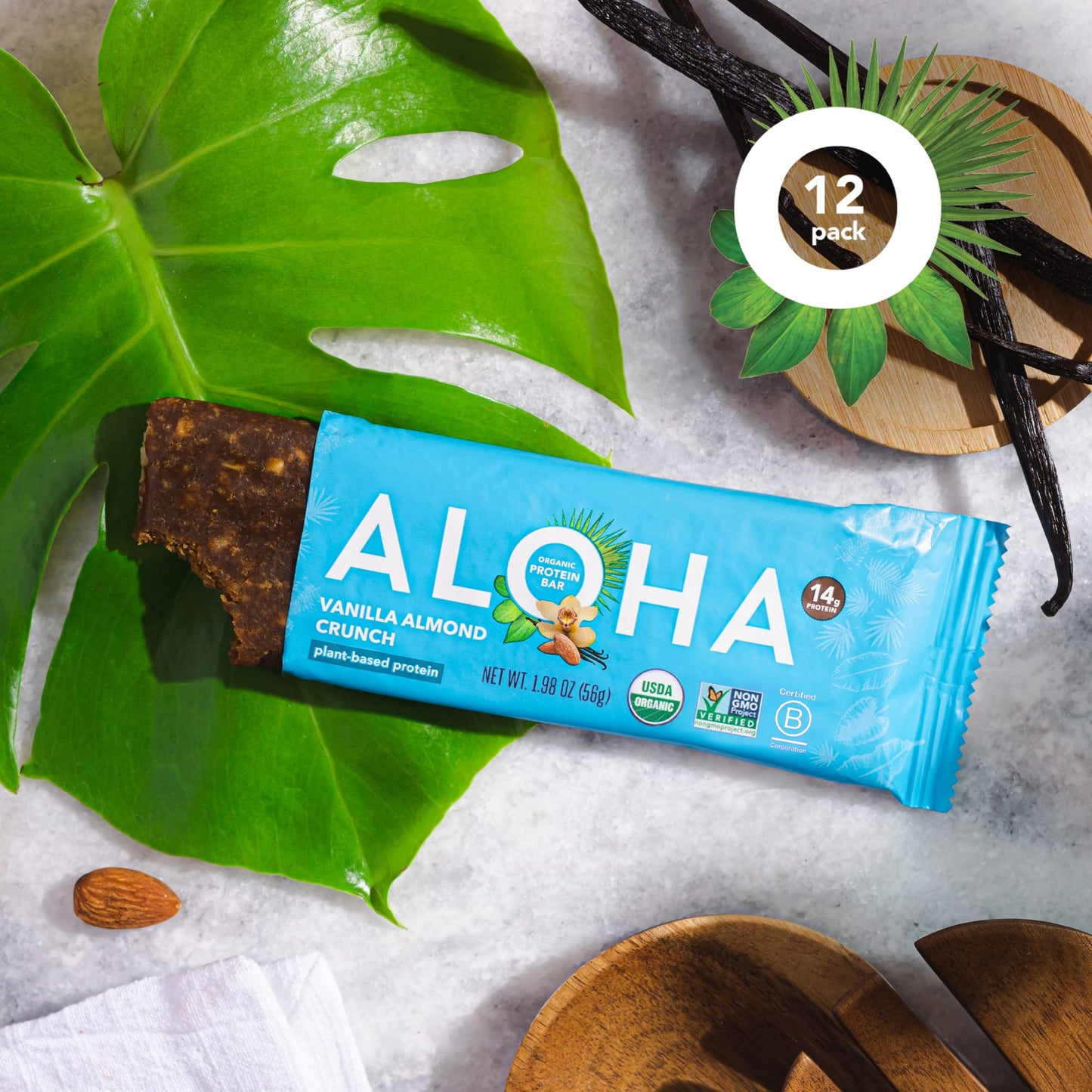 ALOHA Organic Plant Based Protein Bars, Vanilla Almond Crunch, 1.98-Ounce Bars, (Pack of 12)