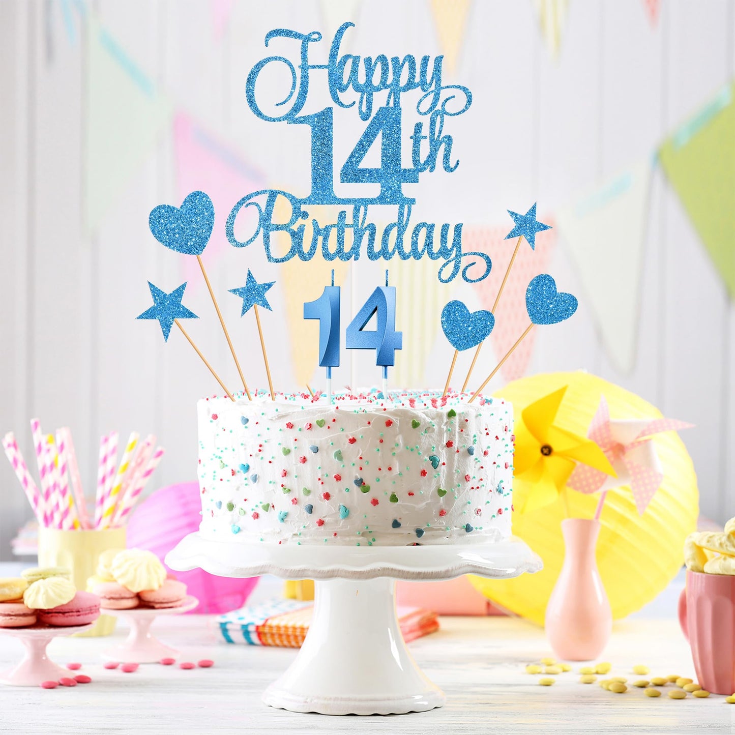Lecferrarc 14th Birthday Cake Decorations Set, Glitter Happy 14th Cake Toppers and Candles, Blue, Paper