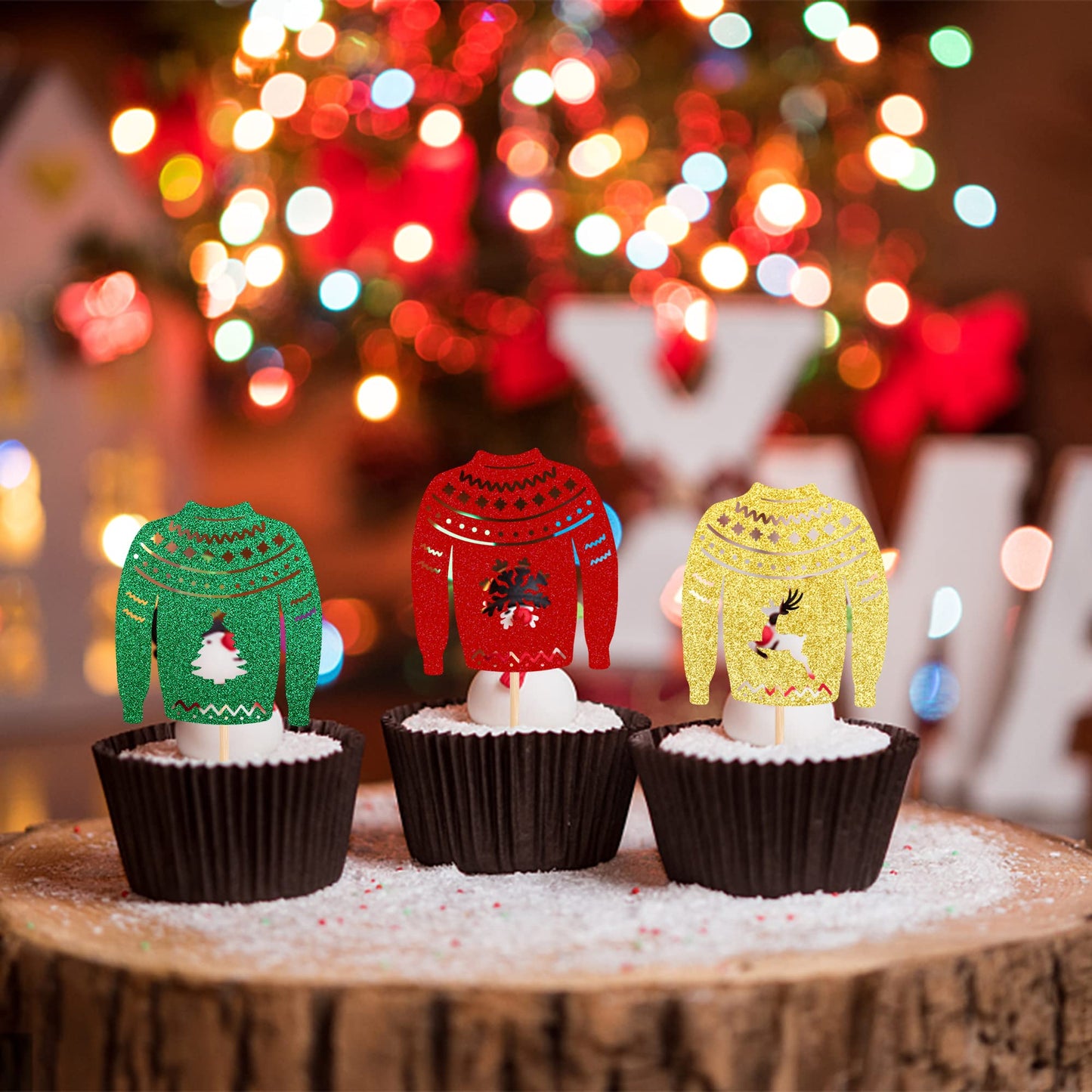 24 Pcs Ugly Sweater Cupcake Toppers Gold Green Red Glitter Christmas Tree Deer Snowflake Cupcake Picks Winter Merry Christmas Th