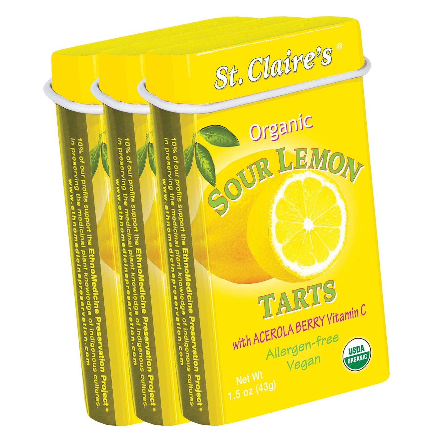 St. Claires Organic Fruit Tart Candies, (Sour Lemon, 1.5 Ounce Tin, Bundle of 3) | Gluten-Free, Vegan, GMO-Free, Plant-based, A