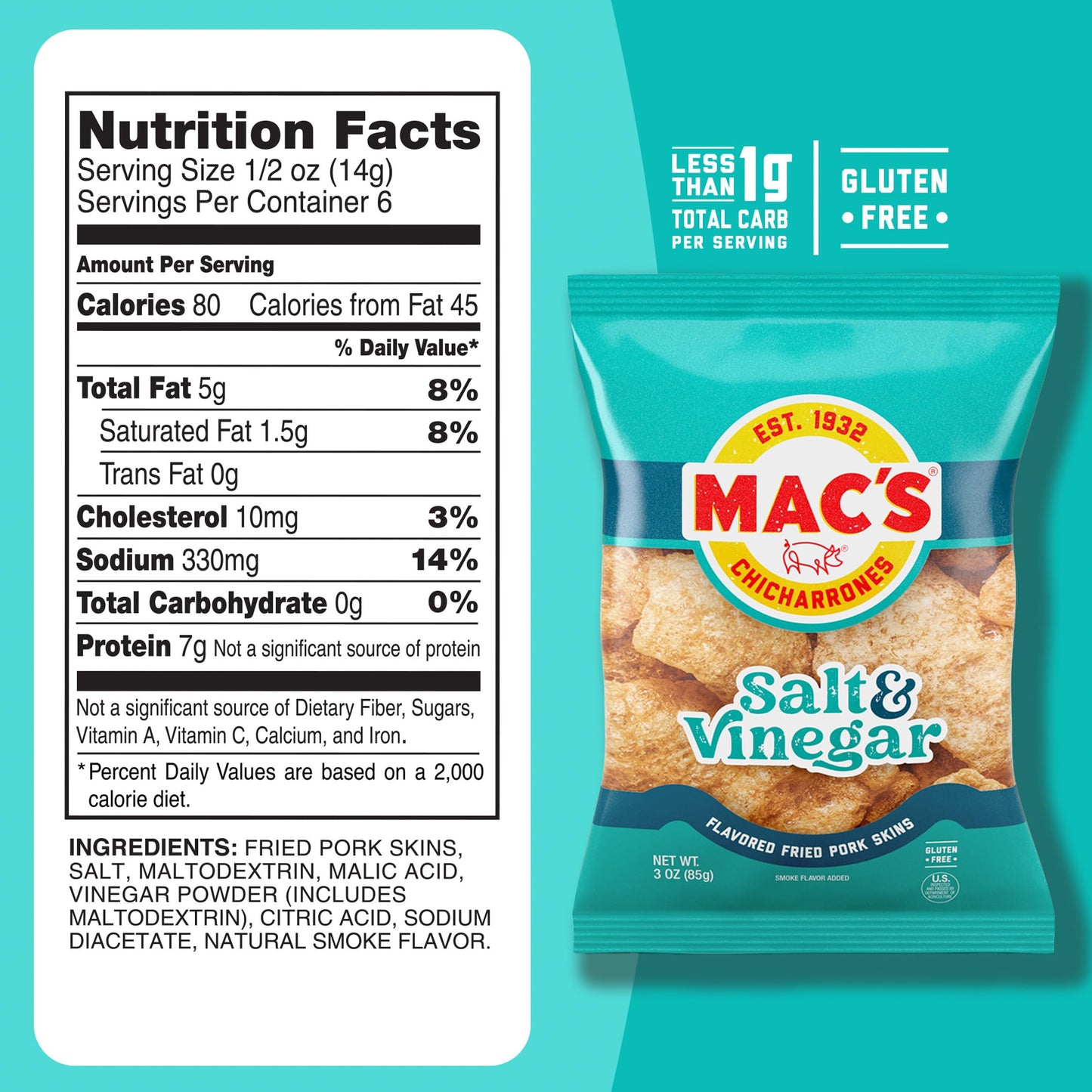Macs Salt & Vinegar Fried Pork Skins - Salt & Vinegar Flavored Chicharrones Pork Rinds - Low Carb, Gluten-Free, Keto-Friendly S