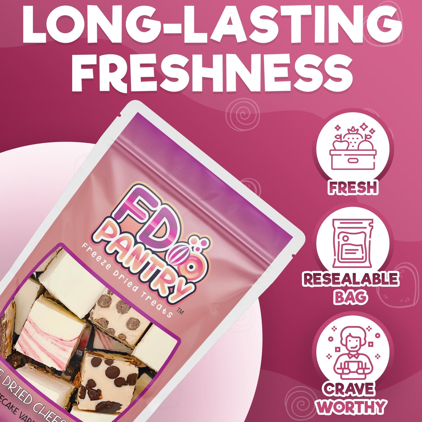 Freeze Dried Cheesecake New York Style, Caramel Chocolate Chip And Strawberry Swirl Crunchy Treat Resealable Bag 4.1 Oz Cheese C