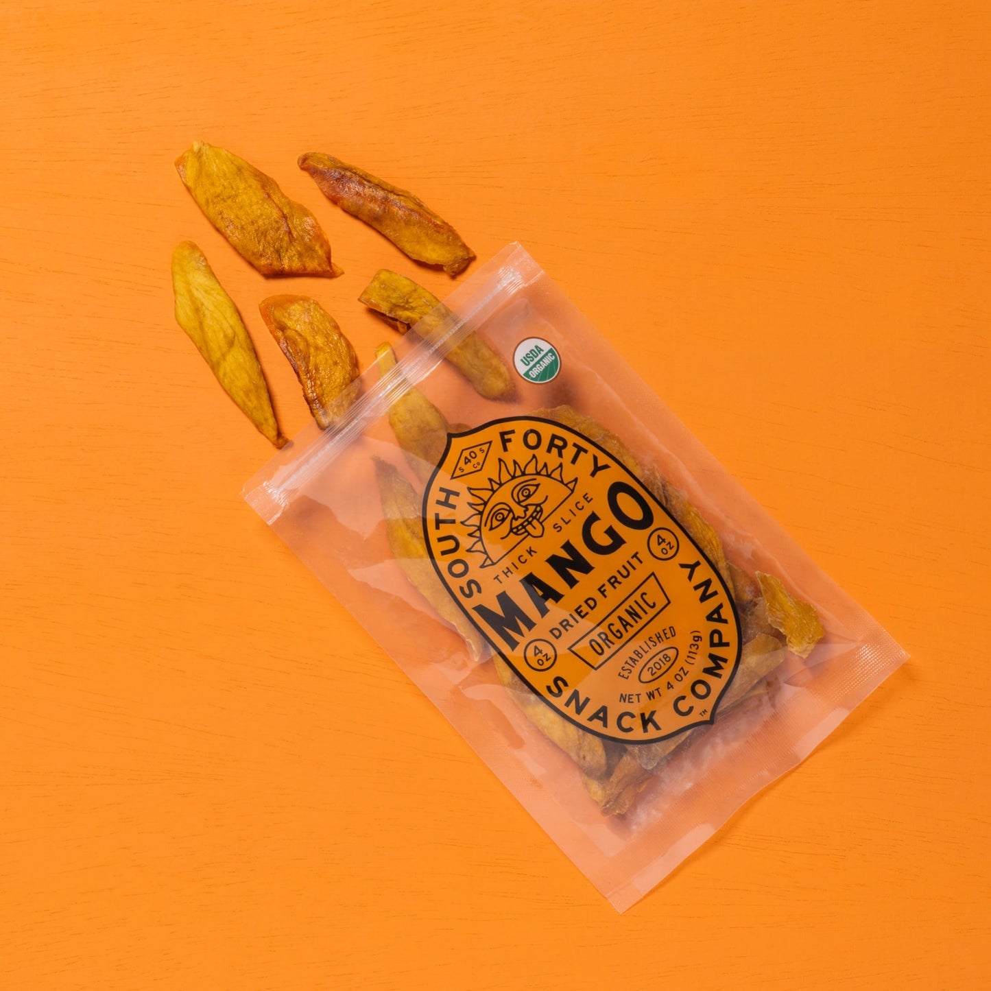 South 40 Organic Dried Mango Slices, Just 1 Ingredient, 4oz Bags, Pack of 4, Orange