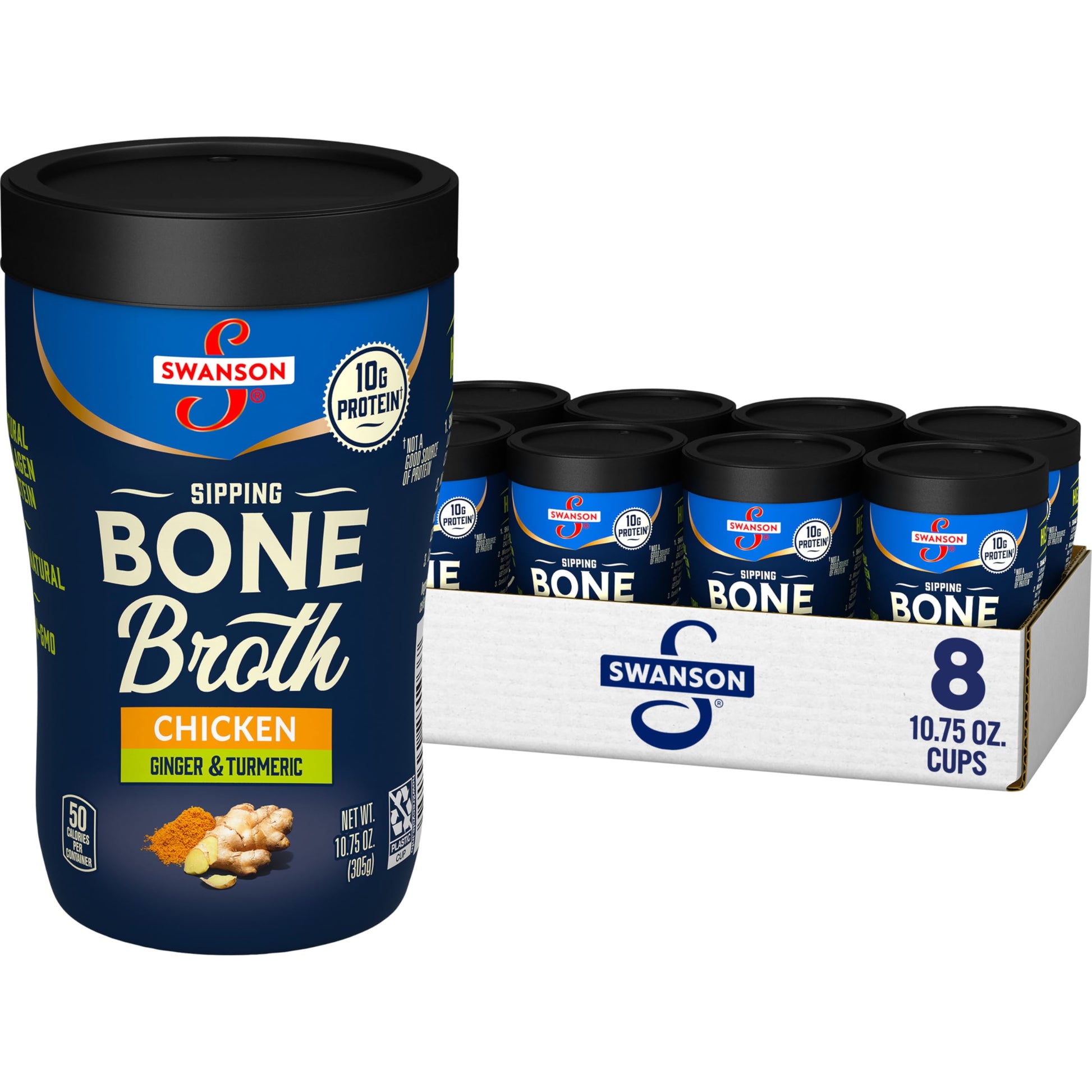 Swanson Sipping Bone Broth, Chicken Bone Broth With Ginger & Turmeric, 10.75 Ounce Sipping Cup (Pack Of 8)