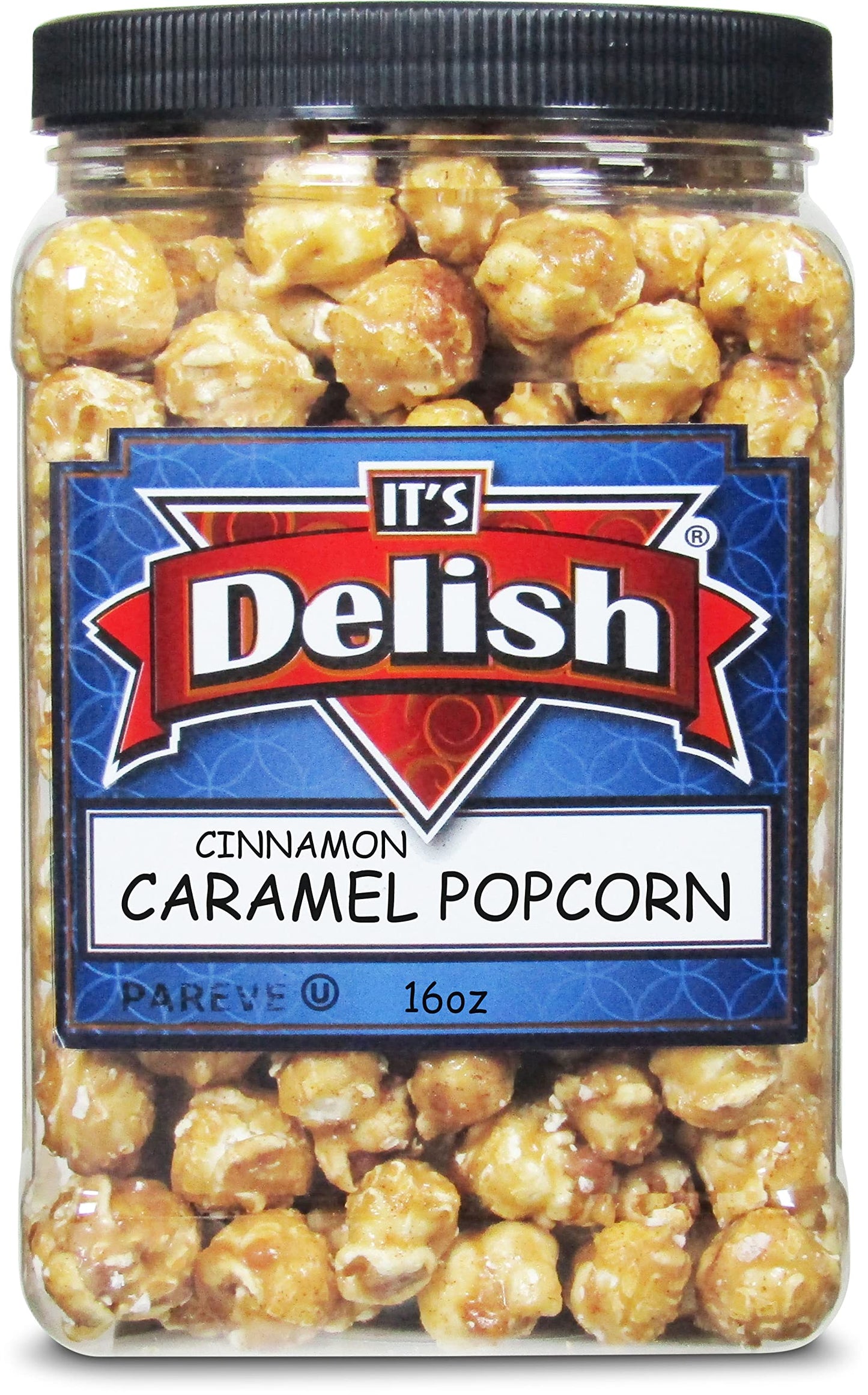 Its Delish Gourmet Cinnamon Caramel Popcorn by Its Delish, 16 OZ Jumbo Container - Caramel Corn Air Popped Sweet & Crunchy Glaz