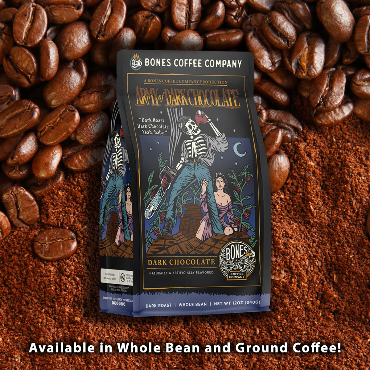 Bones Coffee Company Army Of Dark Chocolate Whole Coffee Beans, Dark Chocolate Flavor Low Acid Flavored Coffee, Made with Arabic
