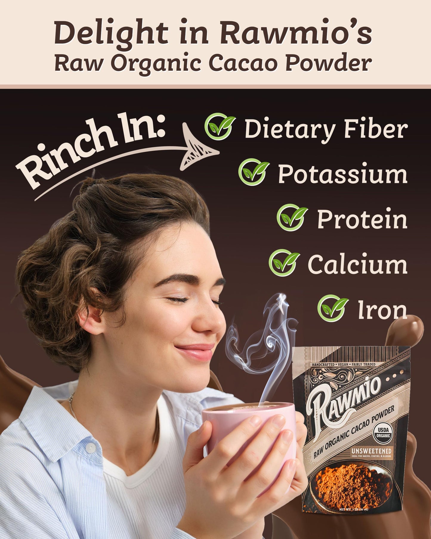 Rawmio Raw Organic Cacao Powder, 16 oz - Nutrient-Dense, Rich & Creamy Cocoa Alternative for Drinking or Baking, High in Fiber, Iron & Calcium