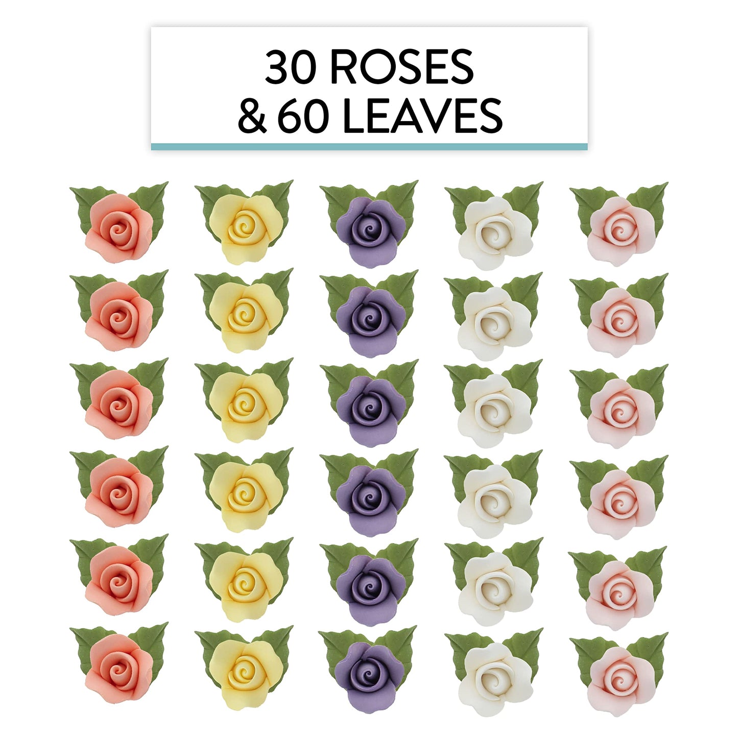 Global Sugar Art Roses And Leaves Edible Sugar Cake & Cupcake Wedding Flowers, Assorted Pastel Colors, Small Unwired, 30 Count,