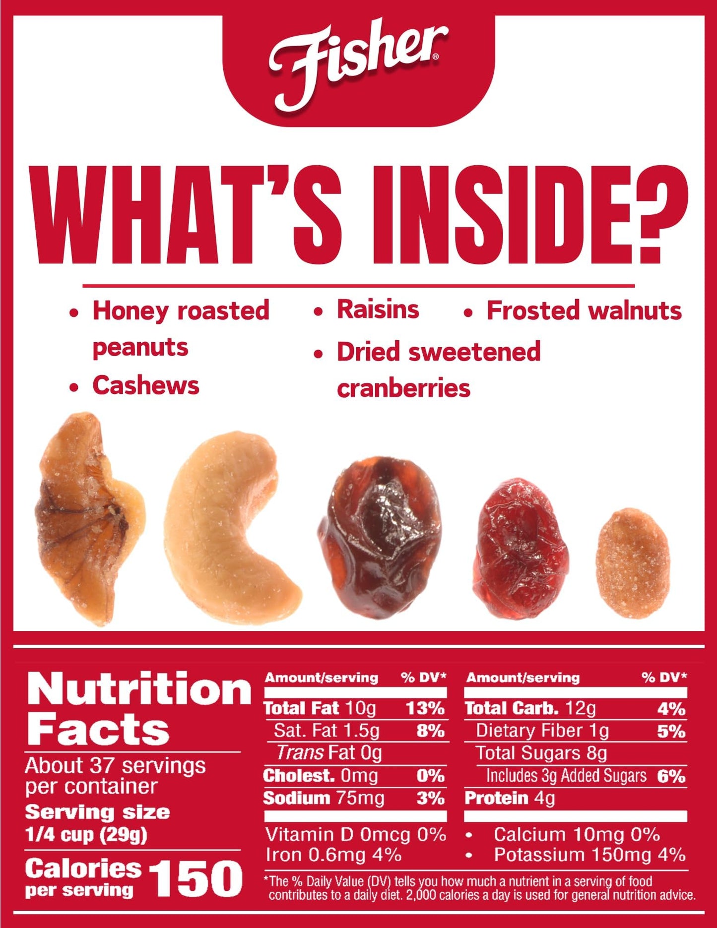 Fisher Snack Sweet Nut Trail Mix, 38 Ounce Jar, Honey Roasted Peanuts, Raisins, Frosted Walnuts, Cashews, Dried Cranberries