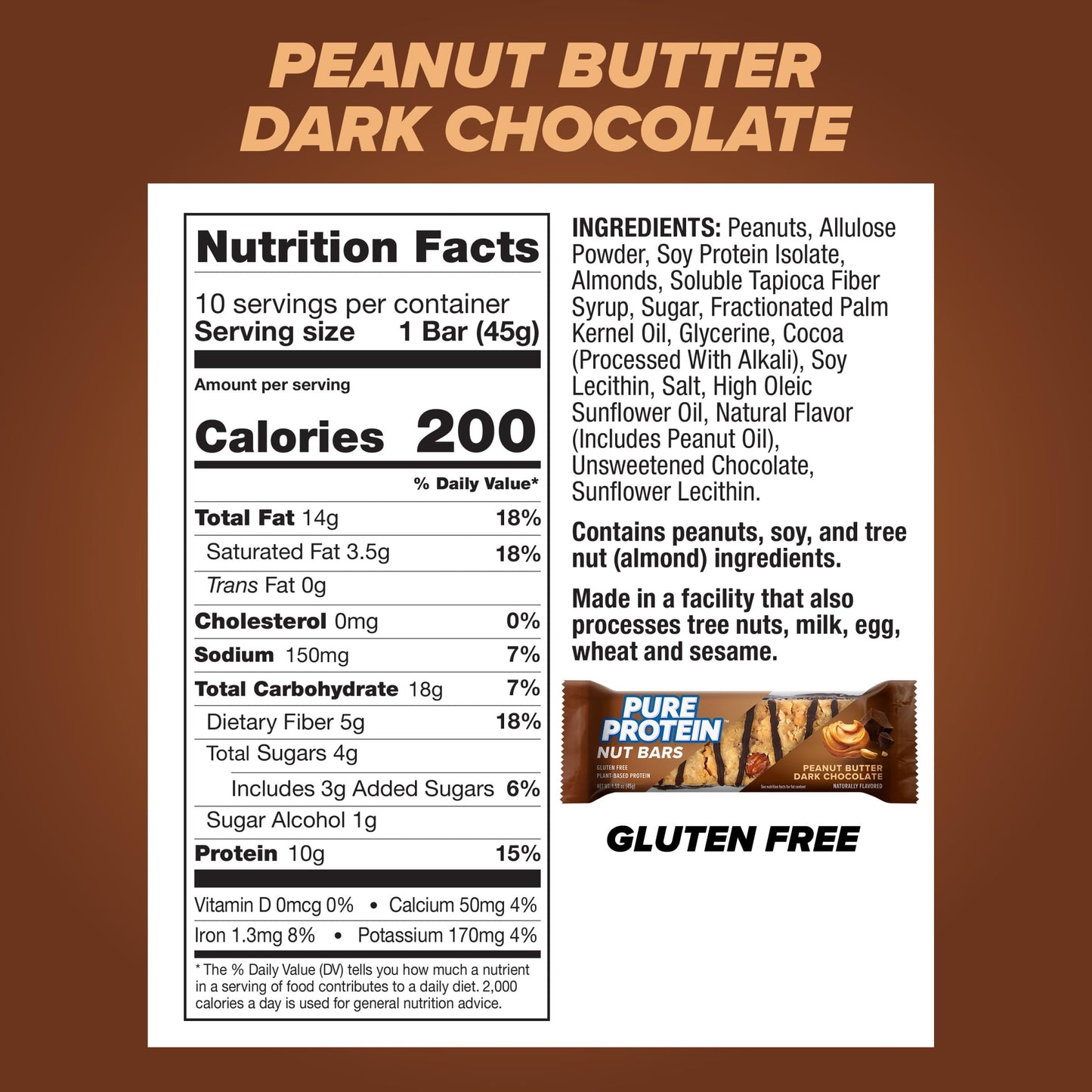 Pure Protein Nut Bars, Peanut Butter Dark Chocolate, 10G Protein, Gluten Free, Low Sugar, 1.65 Oz, 10 Pack (Packaging May Vary)