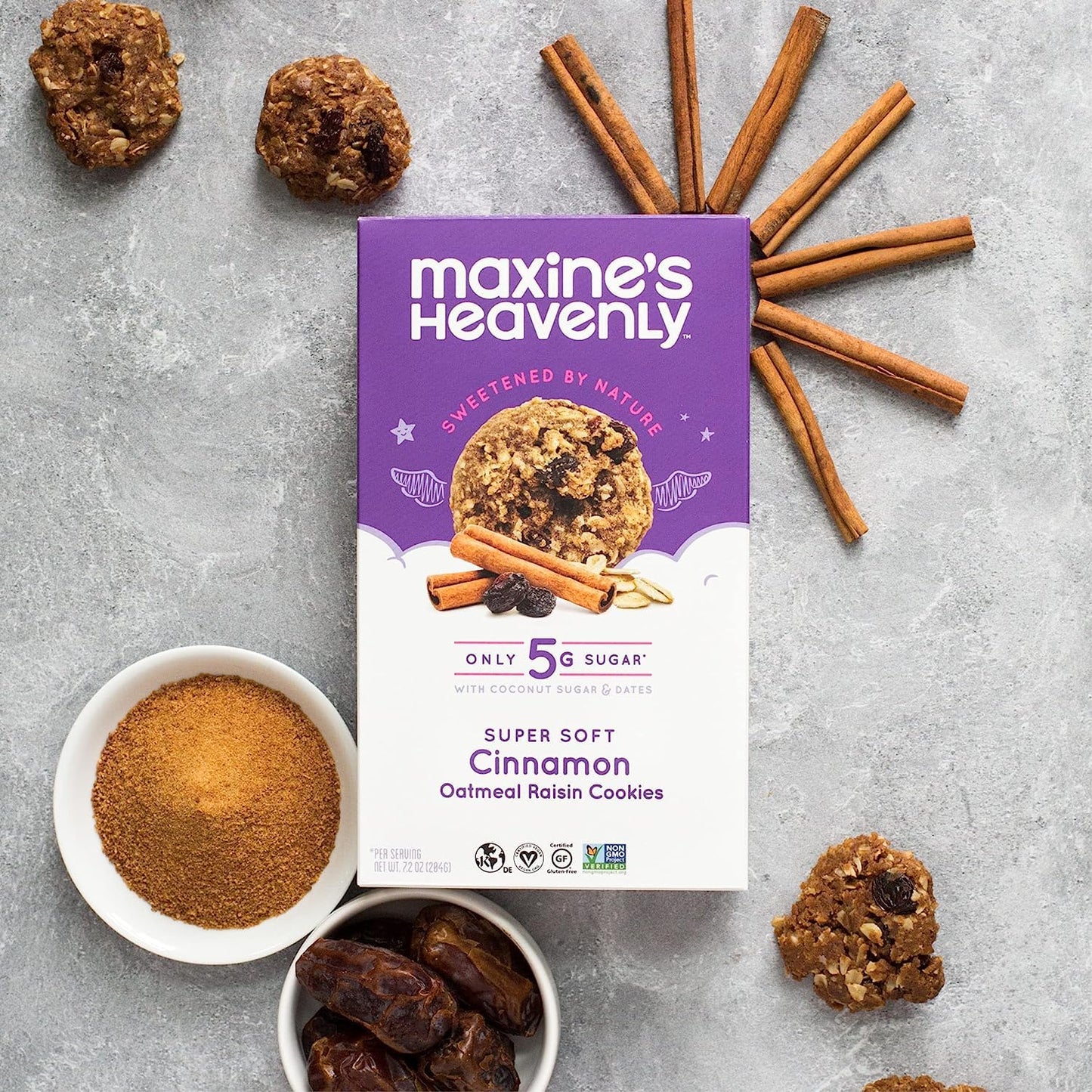 Maxines Heavenly Cinnamon Oatmeal Raisin Cookies | Gluten Free, Made With Oats, Sweetened With Coconut Sugar & Dates | Tasty Low Sugar Vegan Dessert | 7.2 Ounces Each (4 Pack)