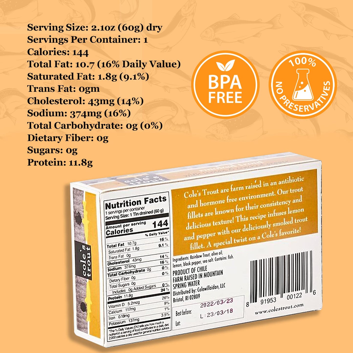 Coles Smoked Trout Fillet with Lemon &  ed Pepper, 3.2oz Hand-Packed Canned Fish, Pack of 5, High Protein, Preservative Free