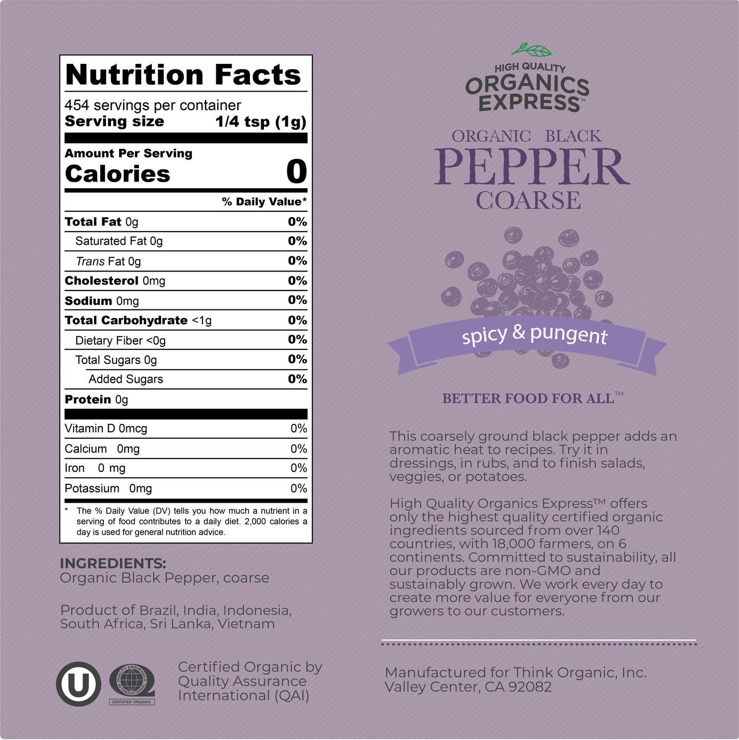 HqO Organic Coarse Ground Black Pepper, Non-GMO, USDA Certified, 16 oz Chef Jar