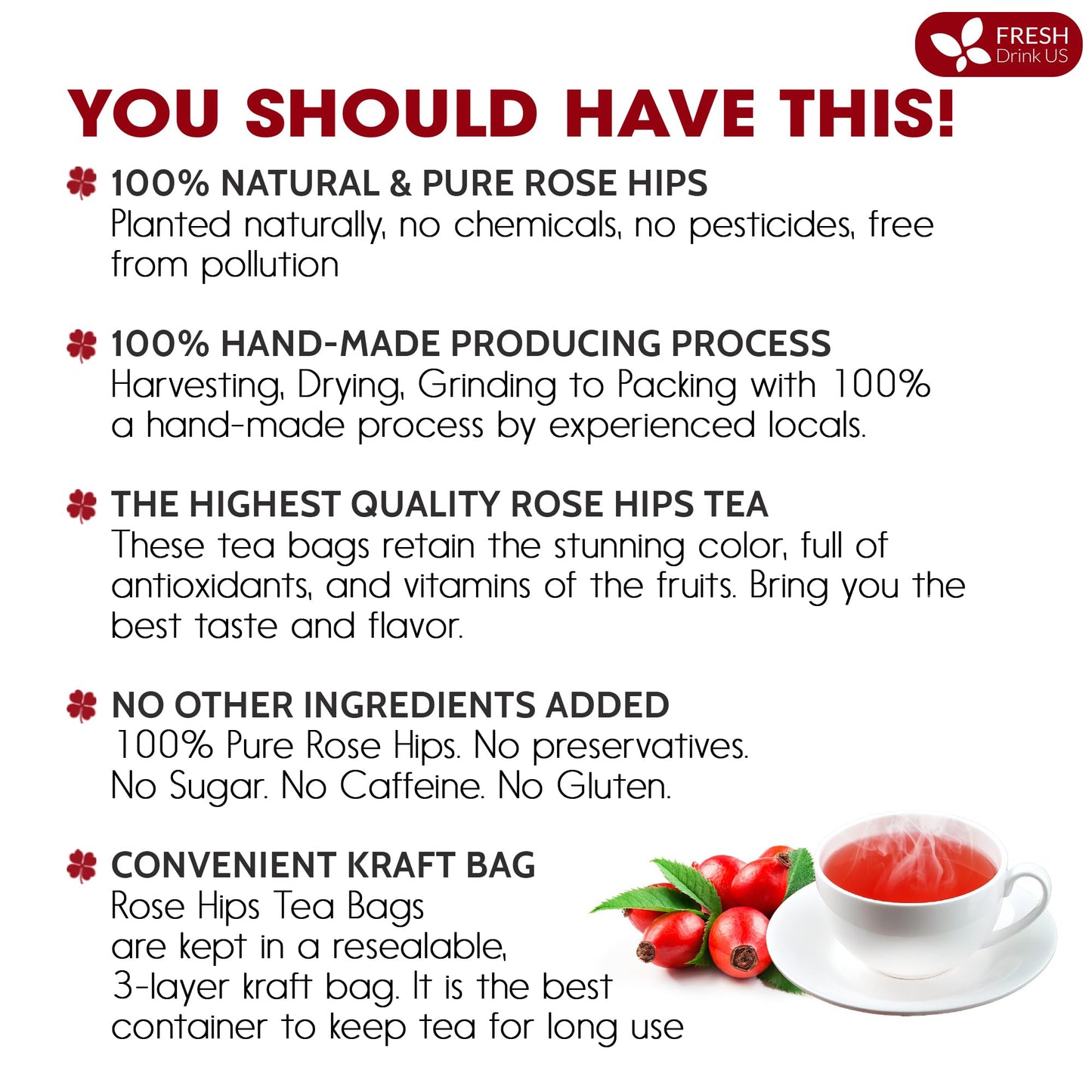 FRESHDRINKUS Rosehip Herbal Tea Bags, 100% Natural, Vegan, 30 Count