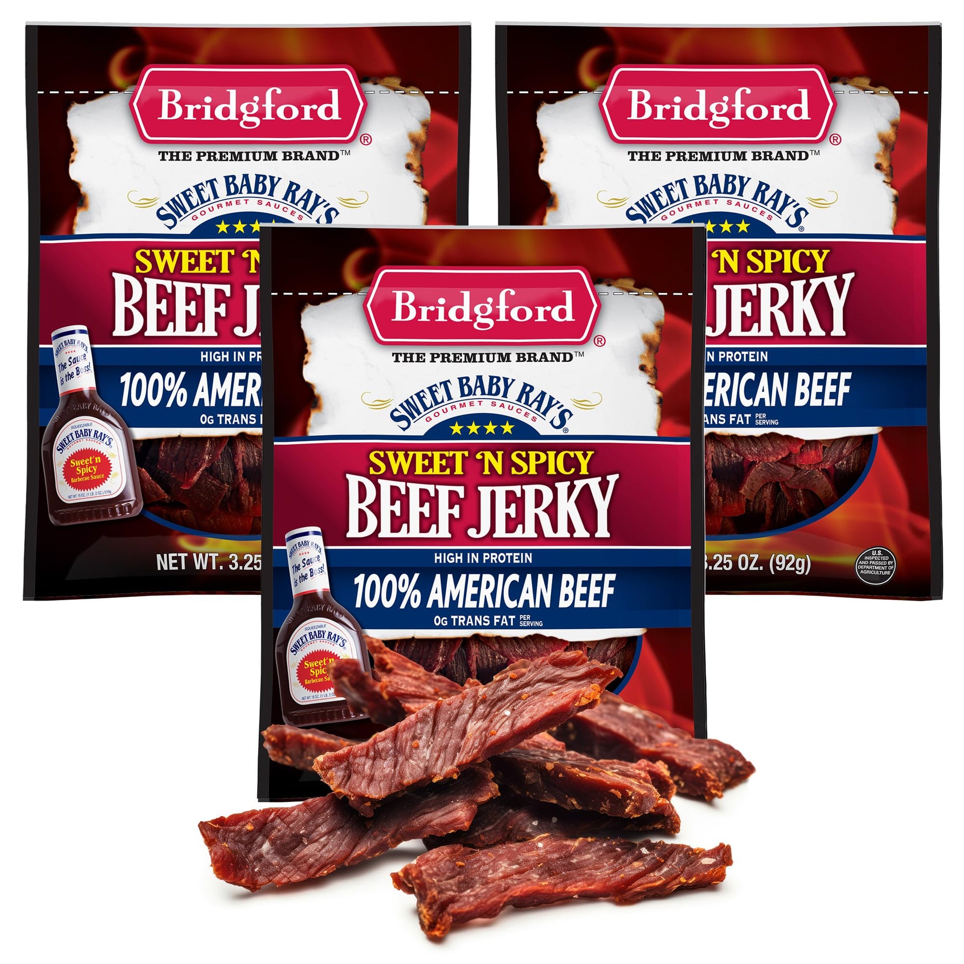Bridgford Beef Jerky Sweet N Spicy - High Protein Snack - 3.25 oz Pack of 3