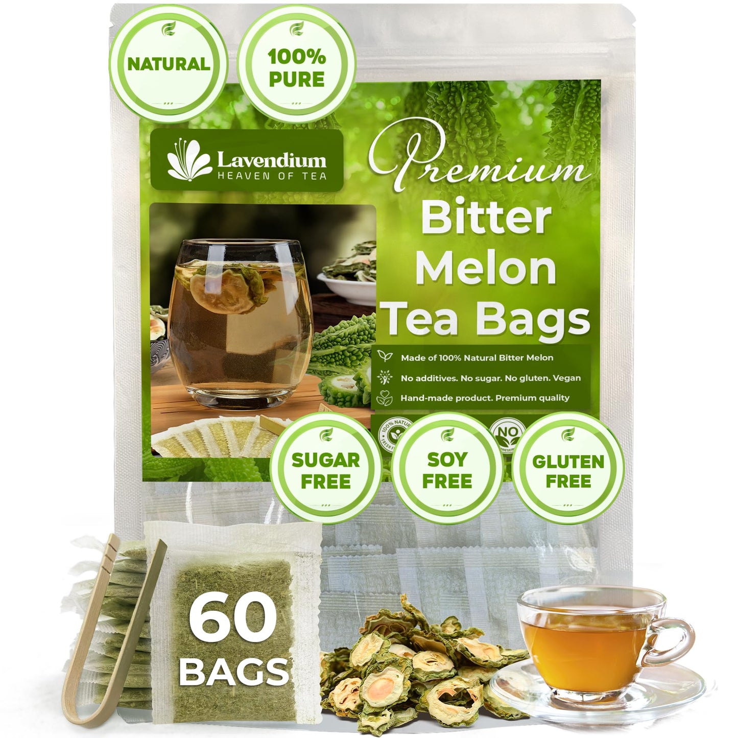 Lavendium Bitter Melon Herbal Tea, 60 Tea Bags, 100% Natural, Sugar Free, Caffeine Free, Vegan, Green, LavenRosemary