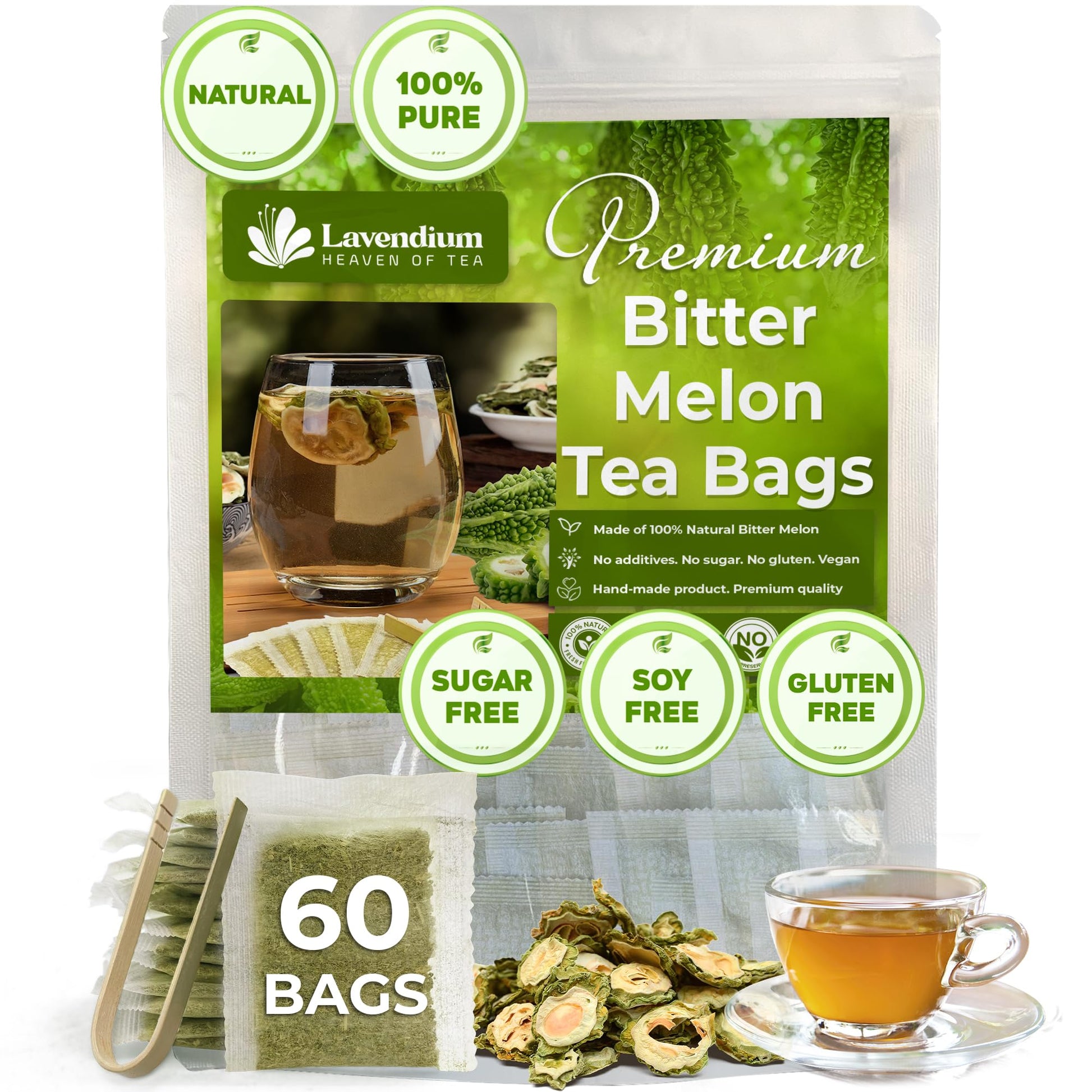 Lavendium Bitter Melon Herbal Tea, 60 Tea Bags, 100% Natural, Sugar Free, Caffeine Free, Vegan, Green, LavenRosemary