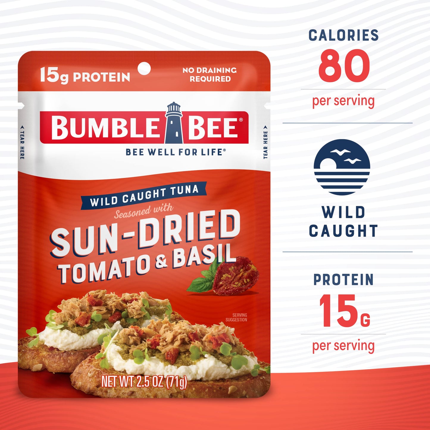 Bumble Bee Sun-Dried Tomato & Basil Seasoned Tuna, 2.5 oz Pouches (Pack of 12) - Ready to Eat - Wild Caught Tuna Packet - 15g Pr