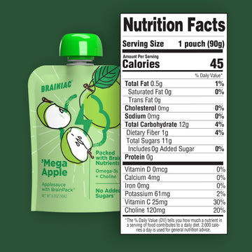 Brainiac Applesauce Mega Apple Pouches with Omega-3s, Unsweetened Applesauce with Vitamin C, Omega-3s and Choline, 40 Count, 3.2