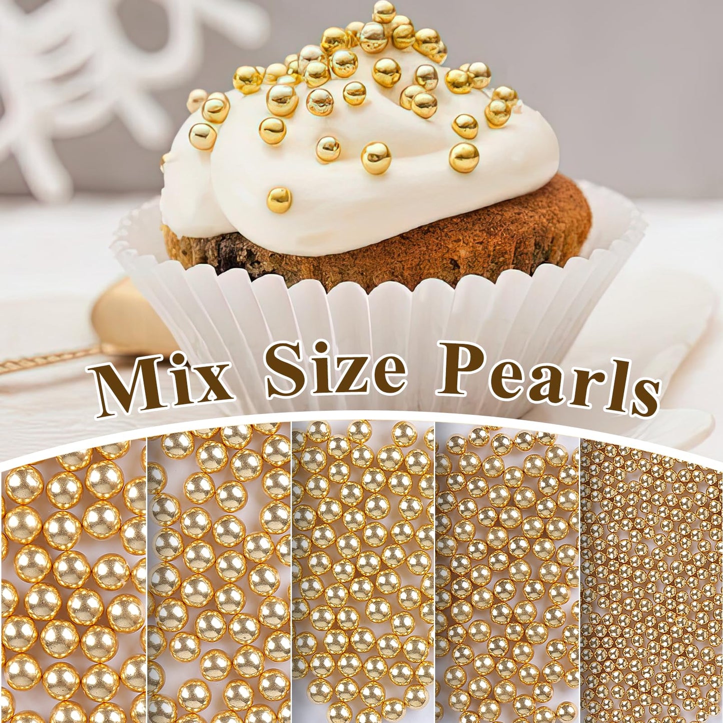 Twisweet Gold Pearl Sprinkles for Cake Decorating, Edible Sugar Pearls for Baking, Mix Size, Cake Topper Cupcake Cookie Ice Crea