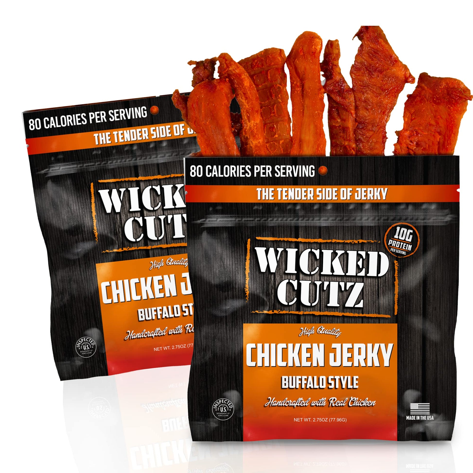 Wicked Cutz Buffalo Chicken Jerky, 27g Protein Per Bag, Tender & Easy to Chew Alternative to Chicken Sticks, USA Made High Prote