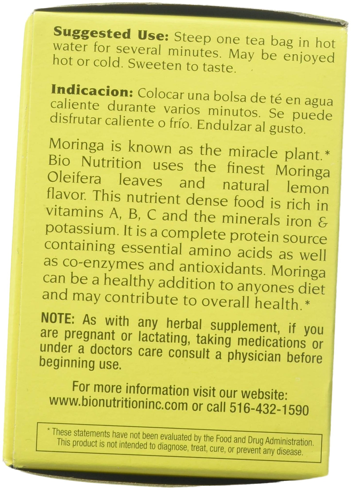Bio Nutrition Lemon Moringa Tea Bags, 2.1 Ounce