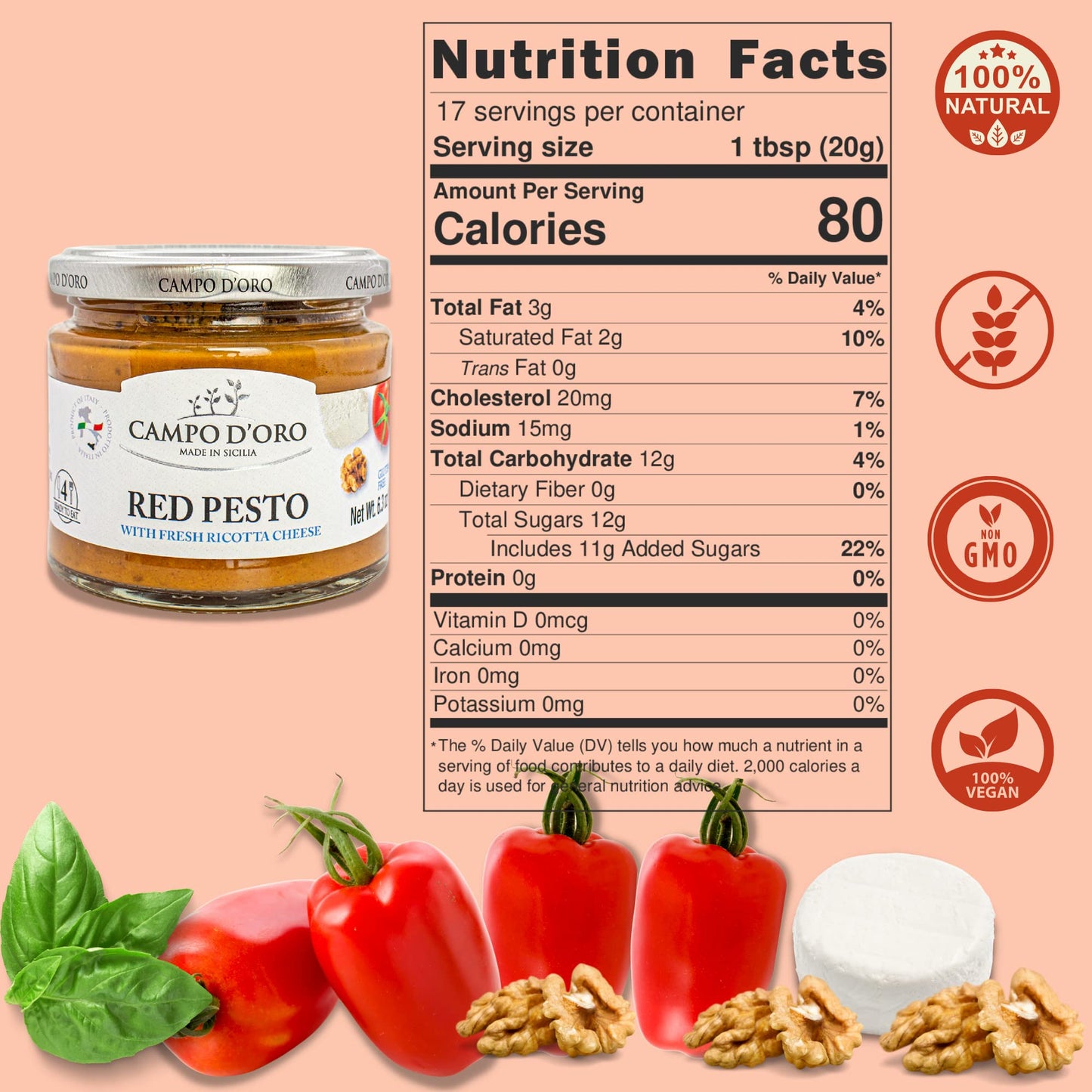 Campo D'Oro - Sicilian Pepper Pesto With Ricotta And Pecorino, Glass Jar 6,3 Oz, Italian Specialties