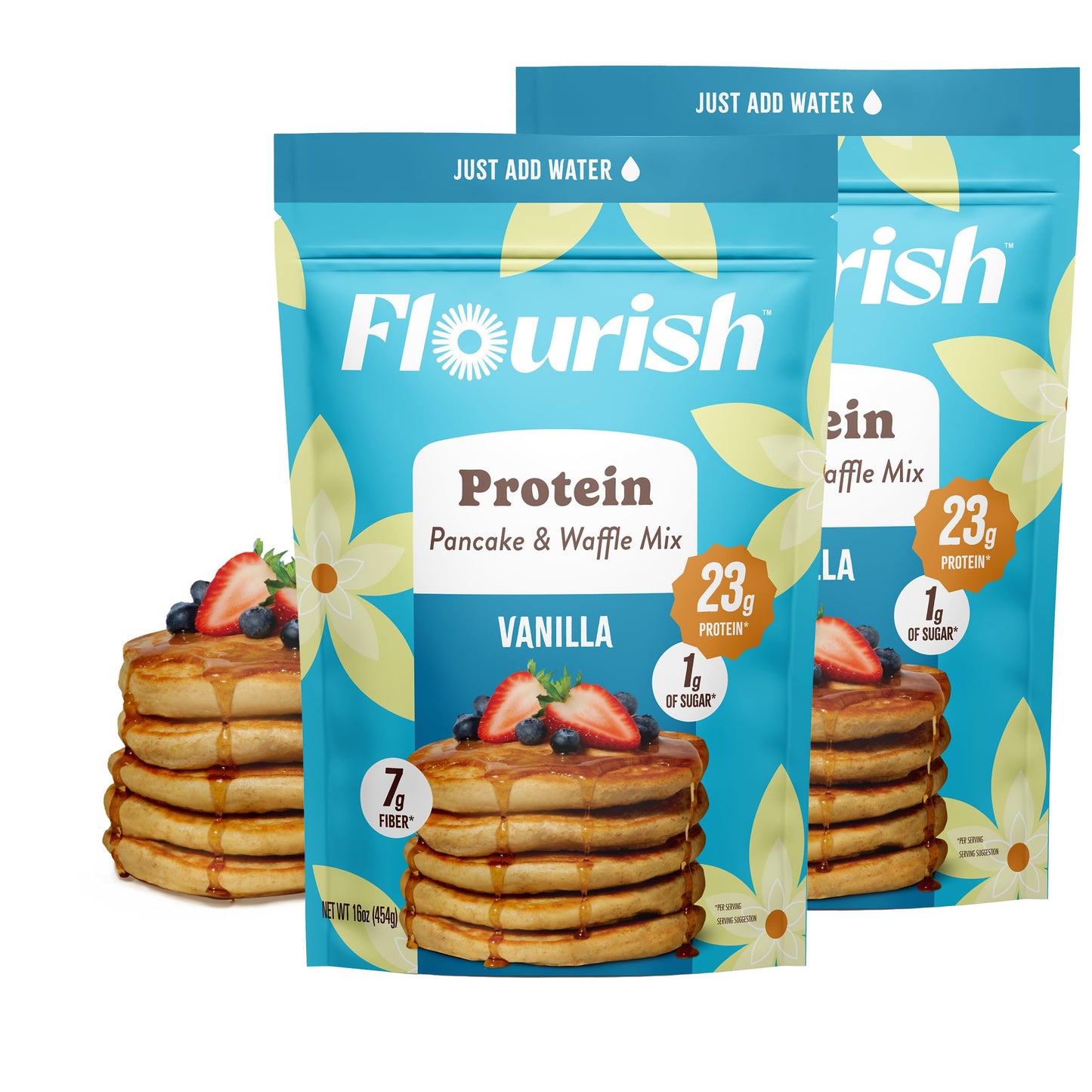 Flourish Protein Pancake & Waffle Mix, High Protein & Fiber, No Added Sugar, Vanilla Flavour, 430g (2 Pack) - Made in Canada