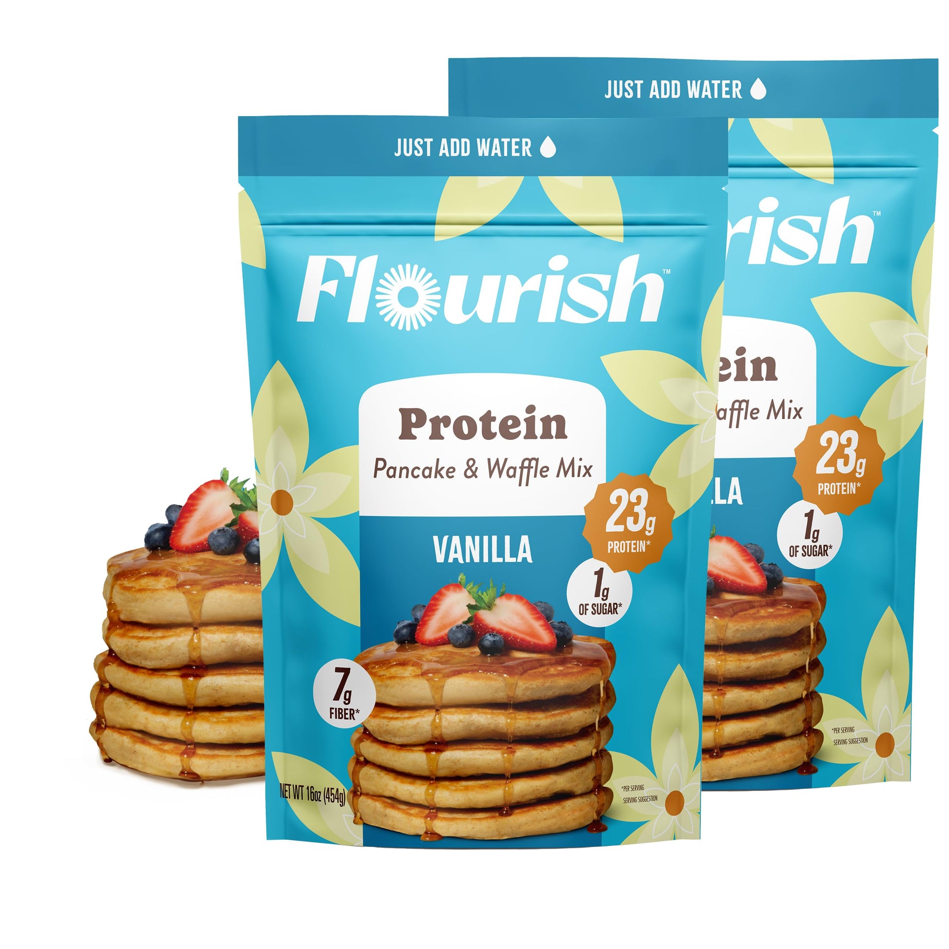 Flourish Protein Pancake & Waffle Mix, High Protein & Fiber, No Added Sugar, Vanilla Flavour, 430g (2 Pack) - Made in Canada