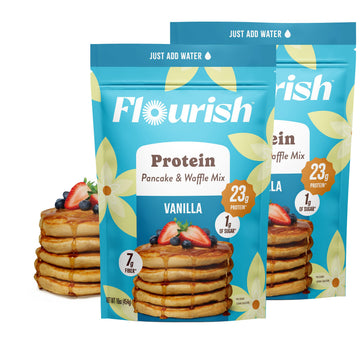 Flourish Protein Pancake & Waffle Mix, High Protein & Fiber, No Added Sugar, Vanilla Flavour, 430g (2 Pack) - Made in Canada