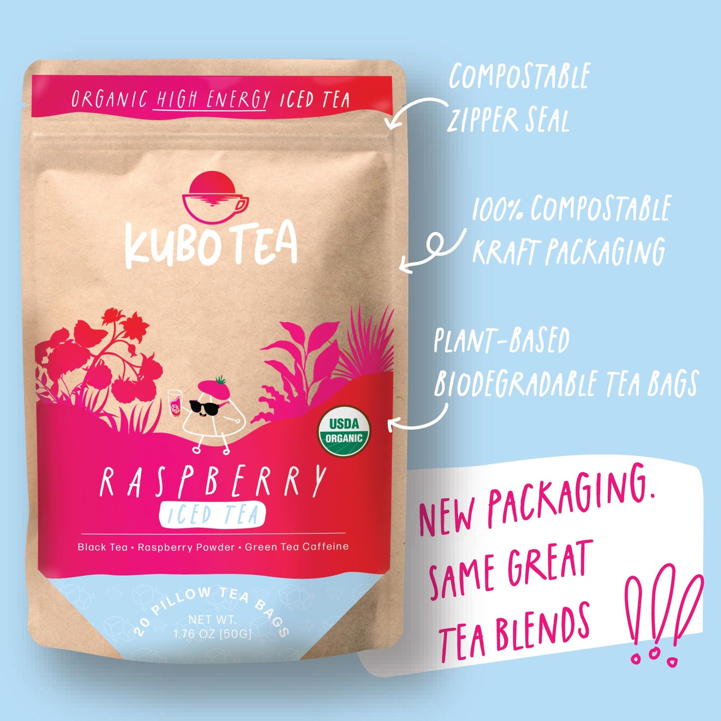 Kubo Tea Organic Raspberry Black Tea Bags - High Caffeine Iced Tea (155 mg) - 20 Ct - 1.76 Ounce Pack - Compostable Packaging