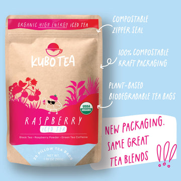 Kubo Tea Organic Raspberry Black Tea Bags - High Caffeine Iced Tea (155 mg) - 20 Ct - 1.76 Ounce Pack - Compostable Packaging