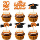 Ephlyn 36Pcs Graduation Cupcake Toppers, Glitter Class of 2025, Orange, Diploma & Cap Picks for Graduation Party Decorations