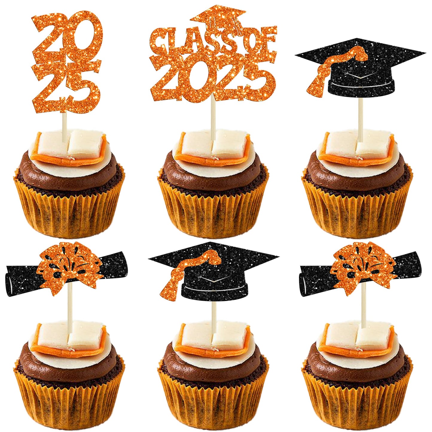 Ephlyn 36Pcs Graduation Cupcake Toppers, Glitter Class of 2025, Orange, Diploma & Cap Picks for Graduation Party Decorations