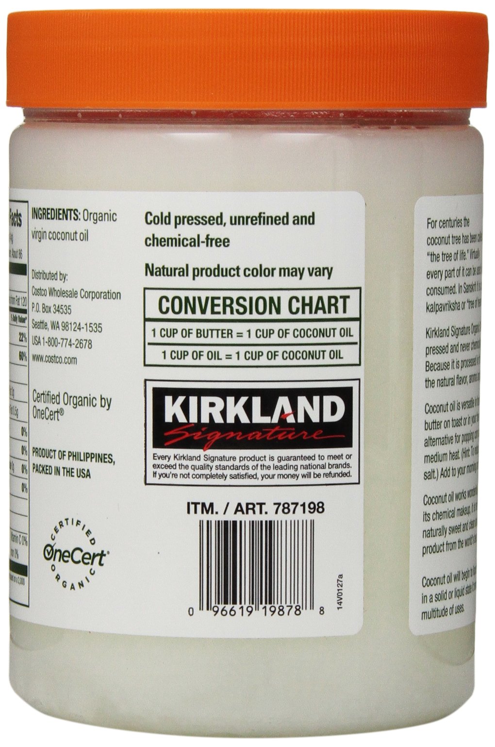 Kirkland Signature Organic Coconut Oil Cold Pressed Unrefined 42.3 Fl Oz