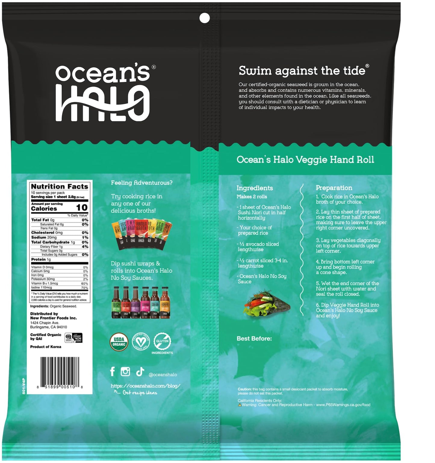 Oceans Halo Organic Sushi Nori Full Seaweed Sheets, Rich in Minerals Like Iodine, Vegan Friendly, USDA Certified Organic, Glute