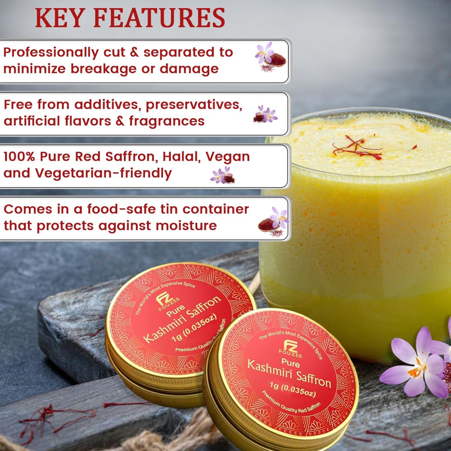FOUZEE Pure Kashmiri Saffron Threads, 1g Pack, Dark Red, Ideal for Cooking, Spices, Rice, Tea, Desserts, Risotto