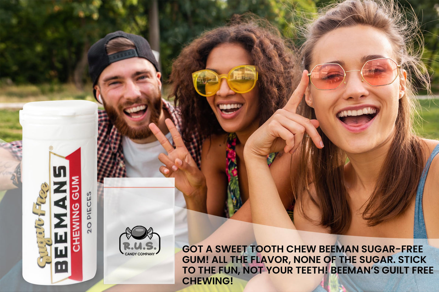 Gerrits Sugar Free Gum Tubes- 3 Pack Of 20 Gum Pieces Each- Comes With Rus Candy Company Travel Bag (3 Pack, Beemans)
