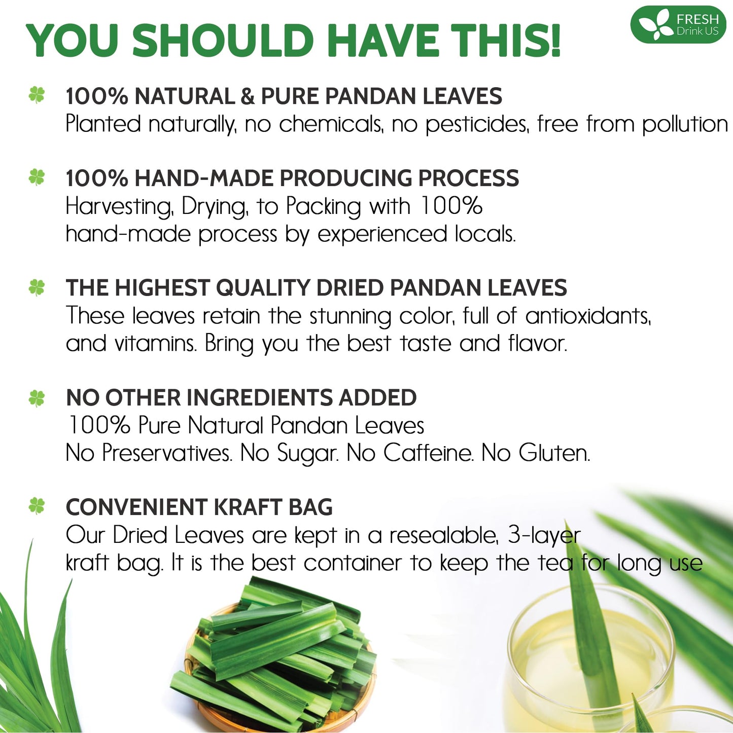 FRESHDRINKUS Premium Dried Pandan Leaves, 100% Pure, Vegan, 2oz
