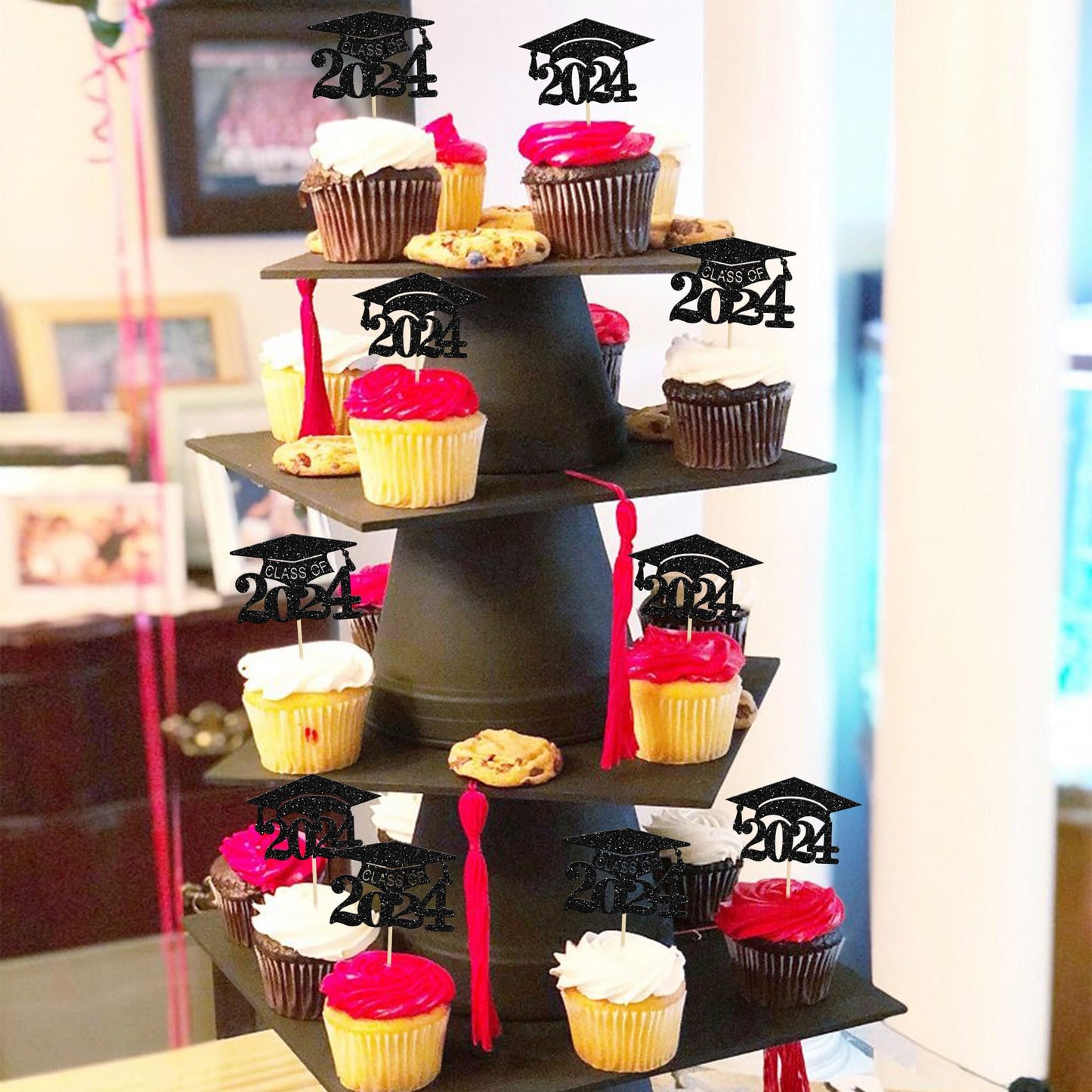 Gyufise 24Pcs Graduation Cap Cupcake Toppers Black Glitter Graduation 2024 Cake Decorations For 2024 Graduation Theme Party Cake