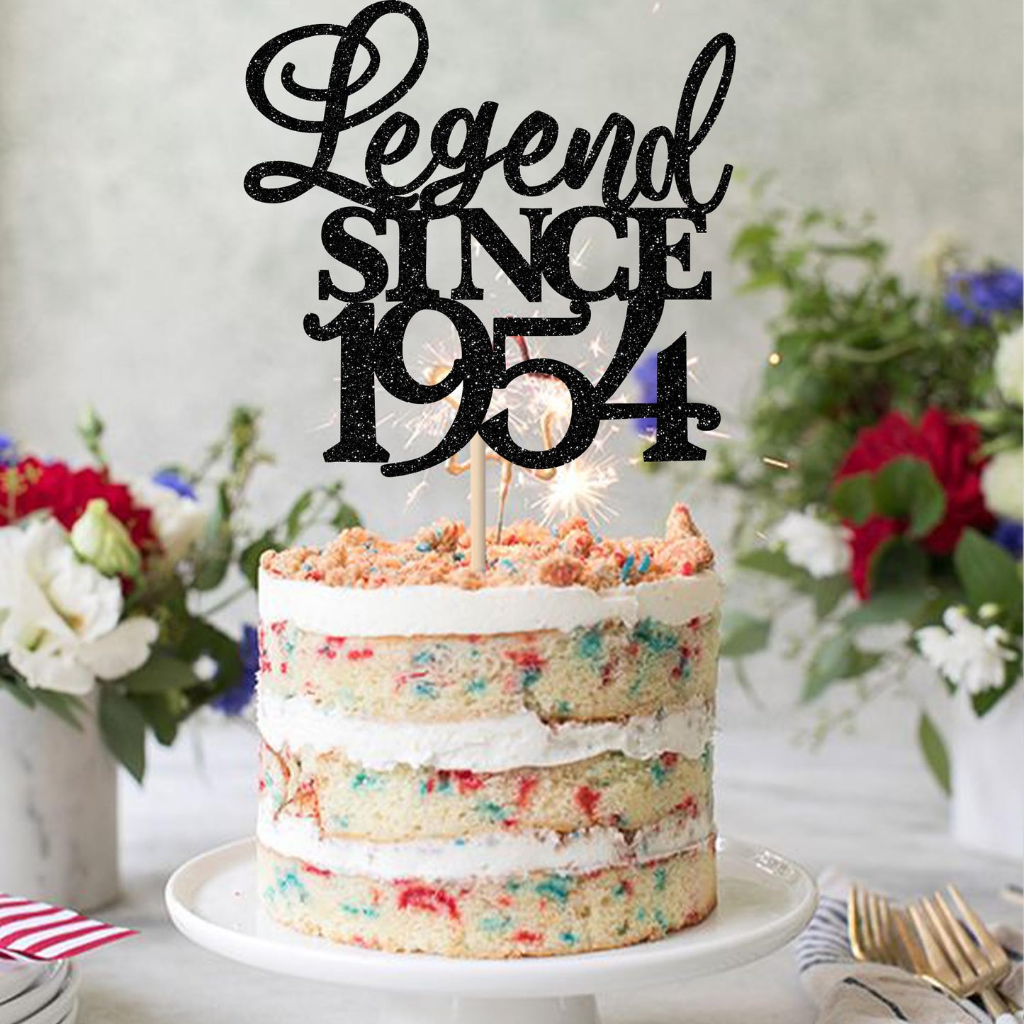 Rssta i Cake Topper - Legend Since 1955, Glitter, 5.3x9.2 inch, Cardstock, Black, Model XM310-black 1953, Birthday & Anniversary