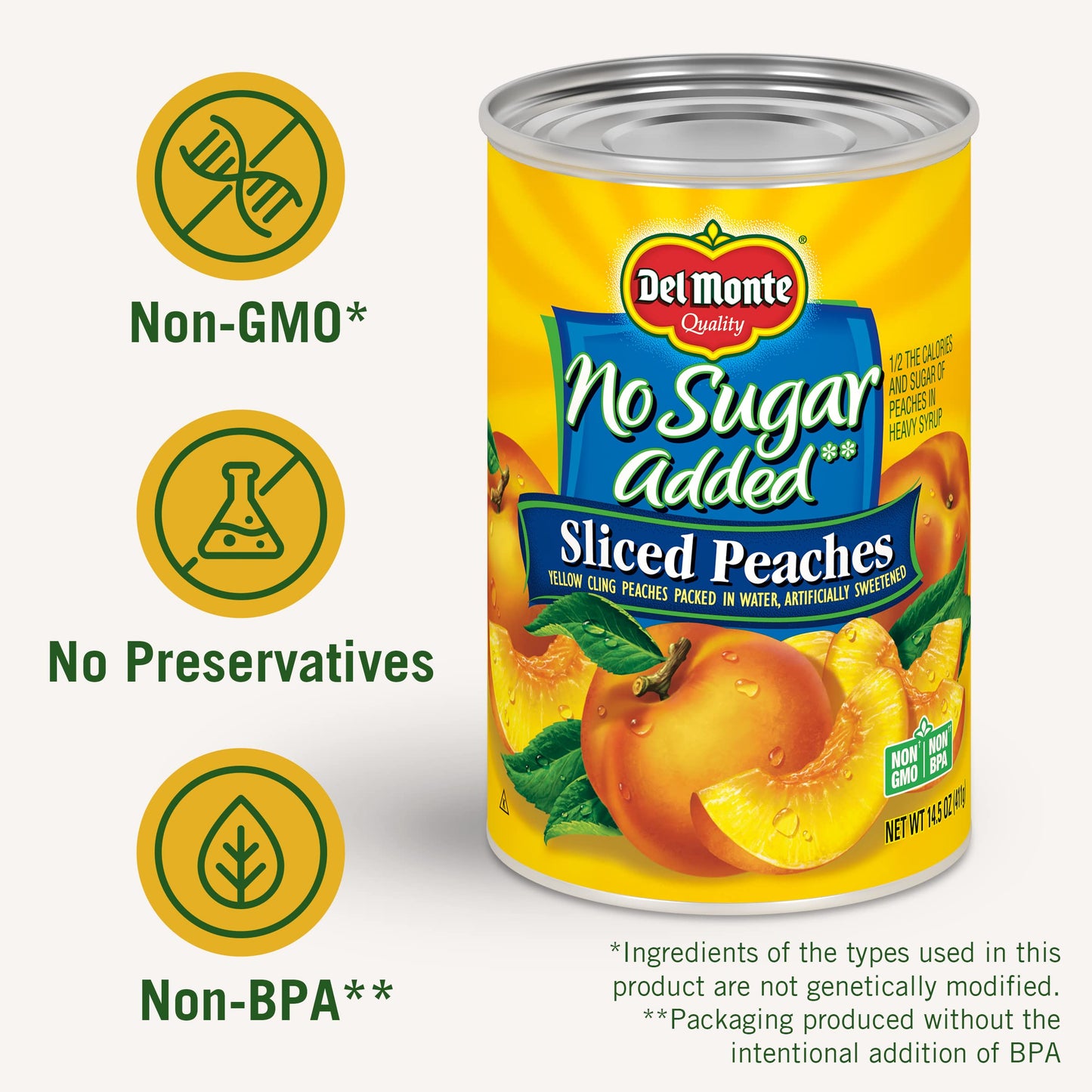 Del Monte Canned Peaches, No Sugar Added, Yellow Cling, 14.5 oz Can, Pack of 12