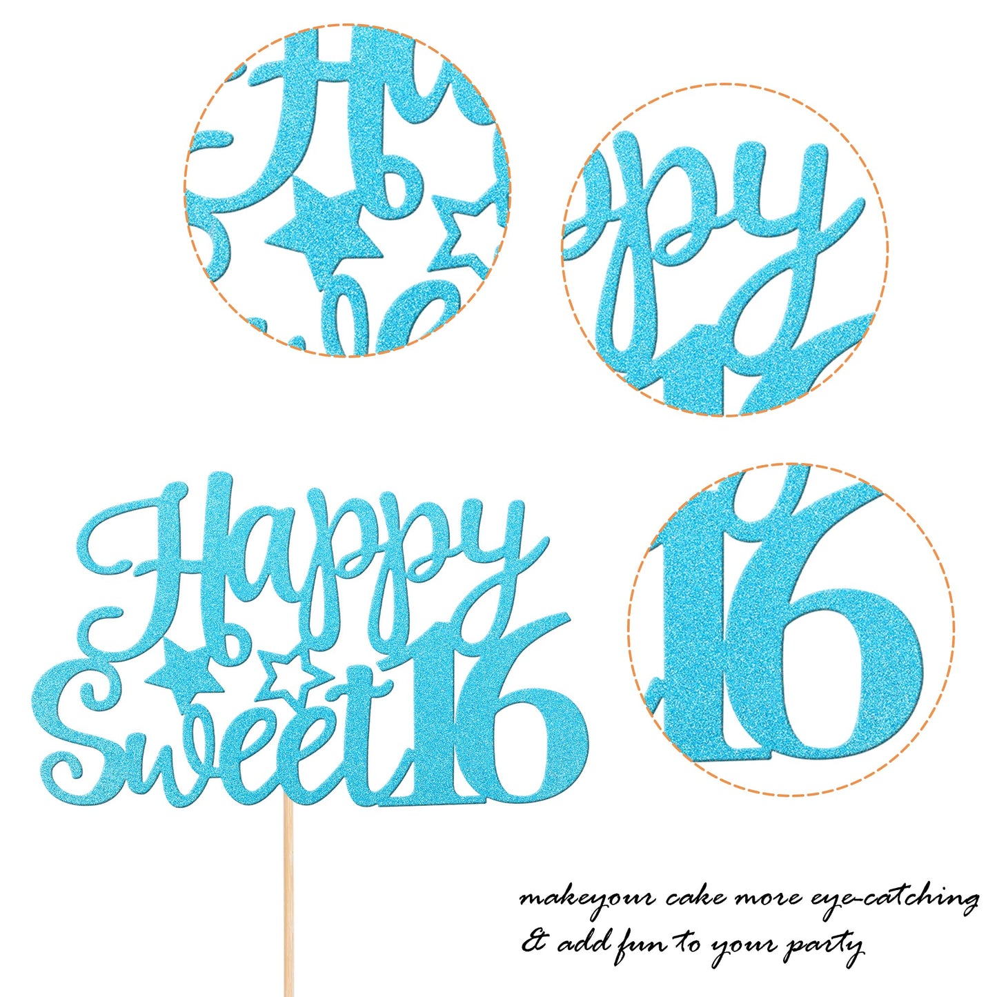 YCTHUNFISH Happy Sweet 16 Cake Topper, Glitter 16th Birthday Decoration, Light Blue, Bamboo Material
