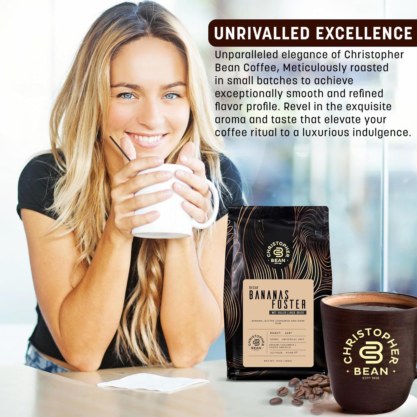 Christopher Bean Coffee Decaf Ground Bananas Foster Flavored Coffee, Medium Roast, 10-Ounce Bag, Certified Kosher, 100% Arabica