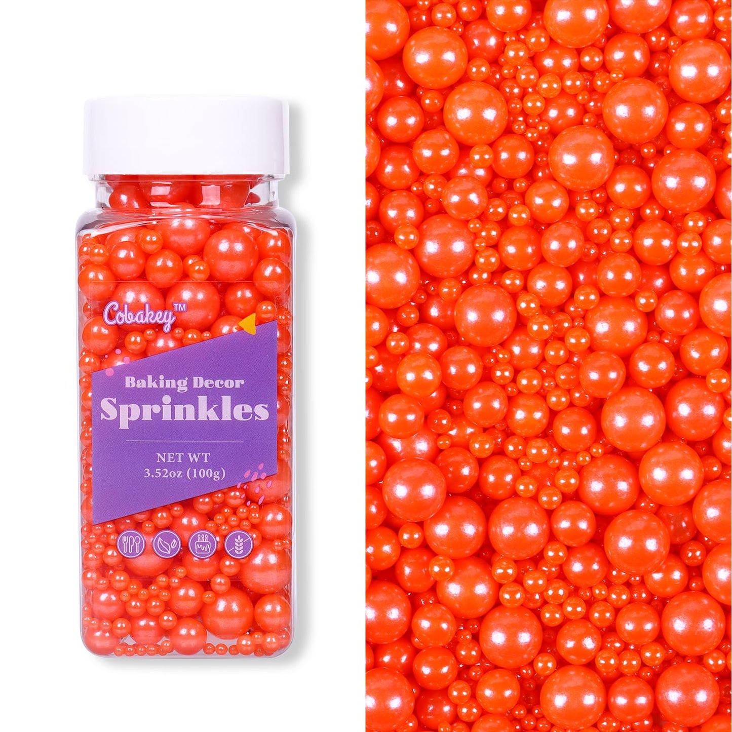 Cobakey Orange Sprinkles For Cake Decorations 3.52 Ounce Edible Pearl Sugar Sprinkles For Cupcake Toppers Wedding Party Valentin